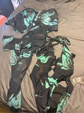 Black & Teal  three piece set women’s bathing suit with cover-up men’s trunks